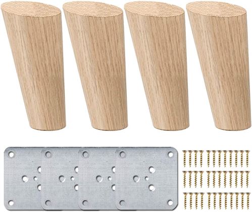 4 inch / 10cm Wooden Furniture Legs, La Vane Set of 4 Solid Wood Oblique Tapered Furniture Replacement Feet with Mounting Plate & Screws for Sofa TV Cabinet Bed Dining Table