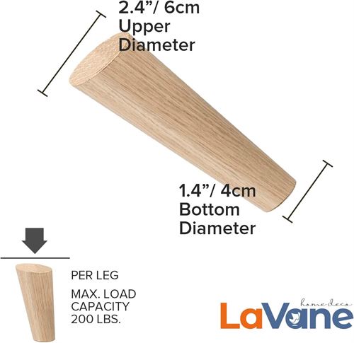 4 inch / 10cm Wooden Furniture Legs, La Vane Set of 4 Solid Wood Oblique Tapered Furniture Replacement Feet with Mounting Plate & Screws for Sofa TV Cabinet Bed Dining Table