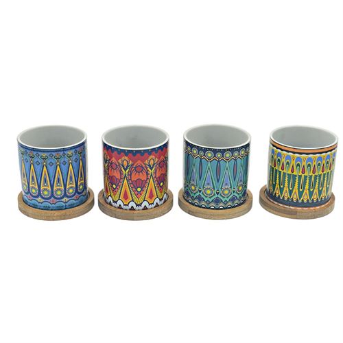 Set of 4 CERAMIC CANDLE HOLDER WITH WOODEN BASE