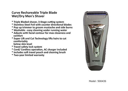 Optimus 50043 Curve Rechargeable Triple Wet/dry Men's Shaver