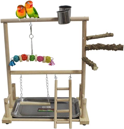 kathson Bird Playground Parrot Perch Stand Toys, For Small bird's, Birds Wood Play Gym Activity Center Exercise Playpen Ladder Swing with Feeder Cups Chewing Toy(Include a Tray)