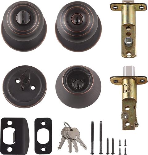 Amazon Basics Exterior Knob With Lock and Deadbolt, Classic set of 2 , Oil Rubbed Bronze