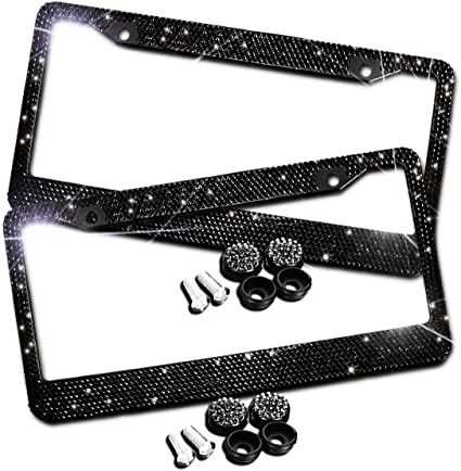 Zento Deals Sparkling Black Rhinestone Glitter Mixed Crystal Bling Stainless Steel License Plate Frame