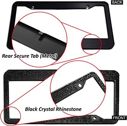 Zento Deals Sparkling Black Rhinestone Glitter Mixed Crystal Bling Stainless Steel License Plate Frame