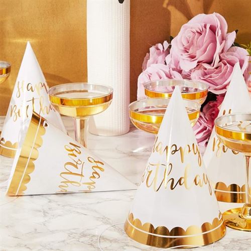 12-Pack Gold Foil Happy Birthday Party Cone Hats for Adults and Kids