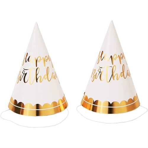 12-Pack Gold Foil Happy Birthday Party Cone Hats for Adults and Kids