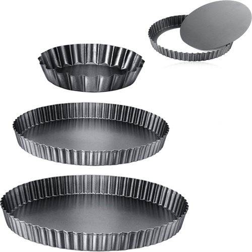 3 Pieces Round Tart Pan, Non-stick Bakeware Round Tart Carbon Steel Quiche Pan with Removable Loose Bottom for Oven Baking (10/ 23/ 25 cm)