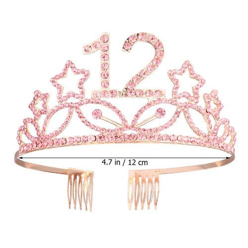 Beaupretty Happy 12th Birthday Tiara Rhinestone Crown with Hair Comb (Rose Gold)