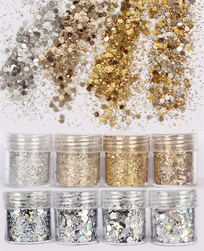 COKOHAPPY 8 Boxes Gold Silver Body Chunky Glitter Makeup, Holographic Flake Cosmetic Sequins Glitter, Ultra-thin Nail Art Iridescent Sparkle Mixed Glitter for Face Eye Hair