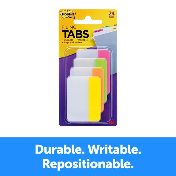 Post-it Tabs, 2" Wide, 4 Assorted Bright Colors, 6/Color, 24 Tabs