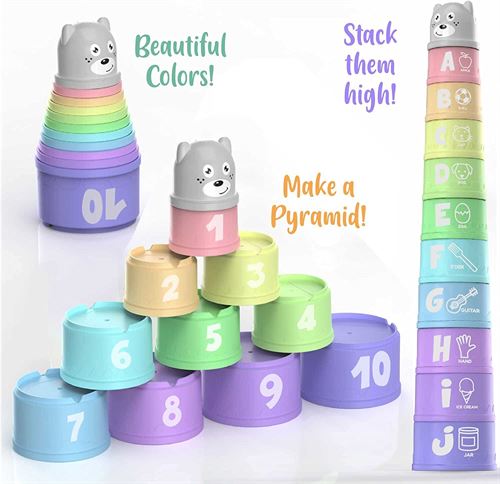 Stacking Cups Toy for Toddler, Modern Design with Numbers, Letters, Patterns, Pastel Colors