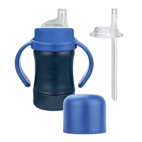 Green sprouts Sprout Ware Plant-Plastic Sip & Straw Cup, Includes Sippy & Straw Spouts, Easy Grip Handles, Blue