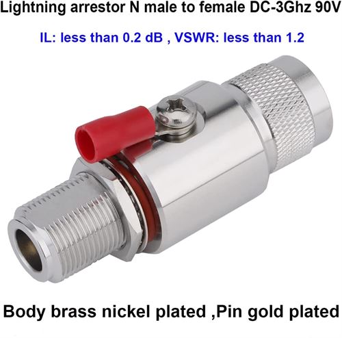 Lightning Arrestor N Male to Female Bulkhead 50 Ohm 0-3GHz with 90V Gas Tube Coaxial WiFi Lightning Arrester