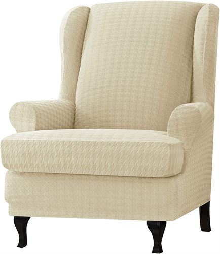 CHUN YI 2 Piece Stretch Houndstooth Wing Chair Cover, Soft Wingback Armchair Couch Slipcovers Spandex Fabric with Elastic Bottom for Living Room Bedroom Removable Furniture for Kids