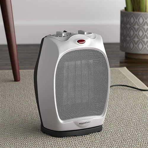 Amazon Basics 1500W Oscillating Ceramic Heater with Adjustable Thermostat, Silver - 120V