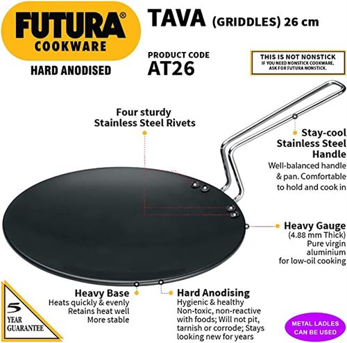 Futura Hard Anodised Concave Tava Griddle, 10-Inch, 4.88 with Steel Handle, 26 cm, Black