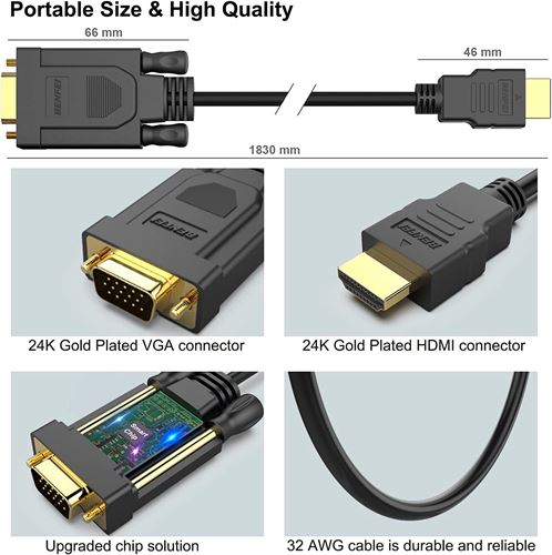 HDMI to VGA, Benfei Gold-Plated HDMI to VGA 1.8M Cable