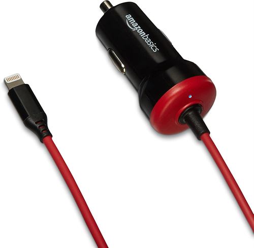 Amazon Basics Straight Cable Lightning iPhone car charger 5V 12W, 3 Foot, Black and Red