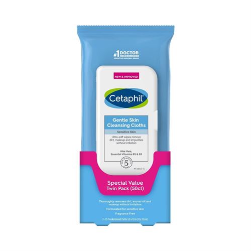 Cetaphil Gentle Skin Cleansing Face Wipes Cloths Pack of 2, Fragrance Free - 50ct