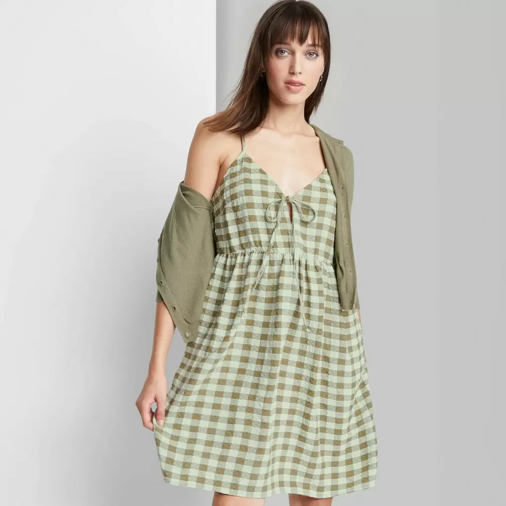 Women's Sleeveless Tie-Front Muse Dress - Wild Fable Sage Green Gingham Check XL