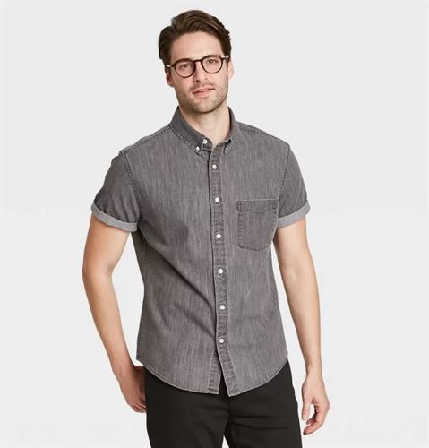 Men's Regular Fit Stretch Denim Short Sleeve Button-Down Shirt - Goodfellow & Co