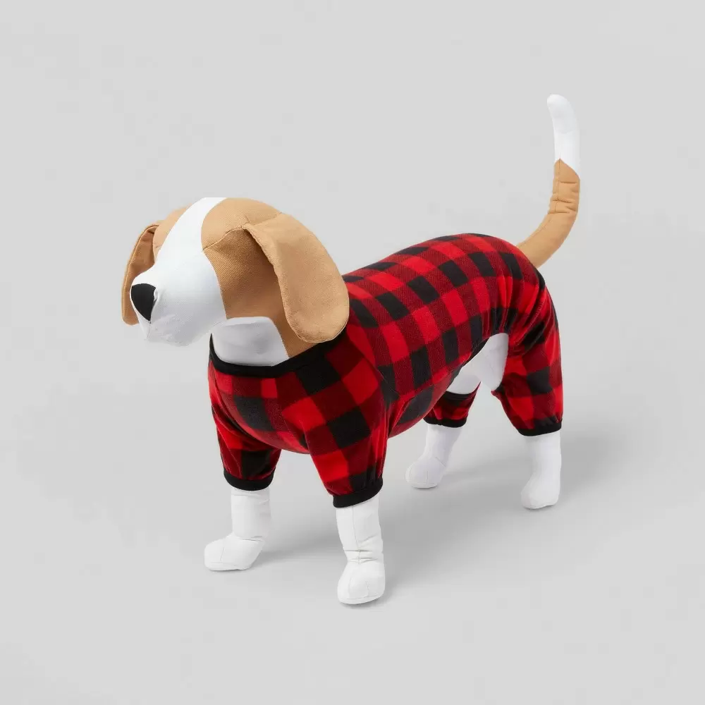 Holiday Buffalo Check Plaid Fleece Matching Family Dog Pajama with Sleeves - Wondershop XXL