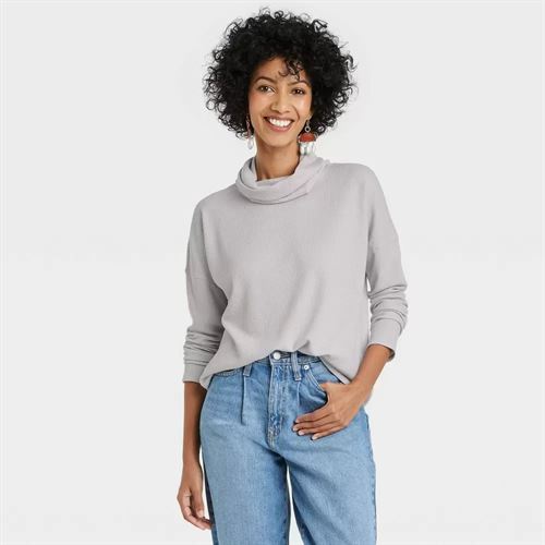 Women's Long Sleeve Turtleneck Waffle T-Shirt - A New Day Gray XS