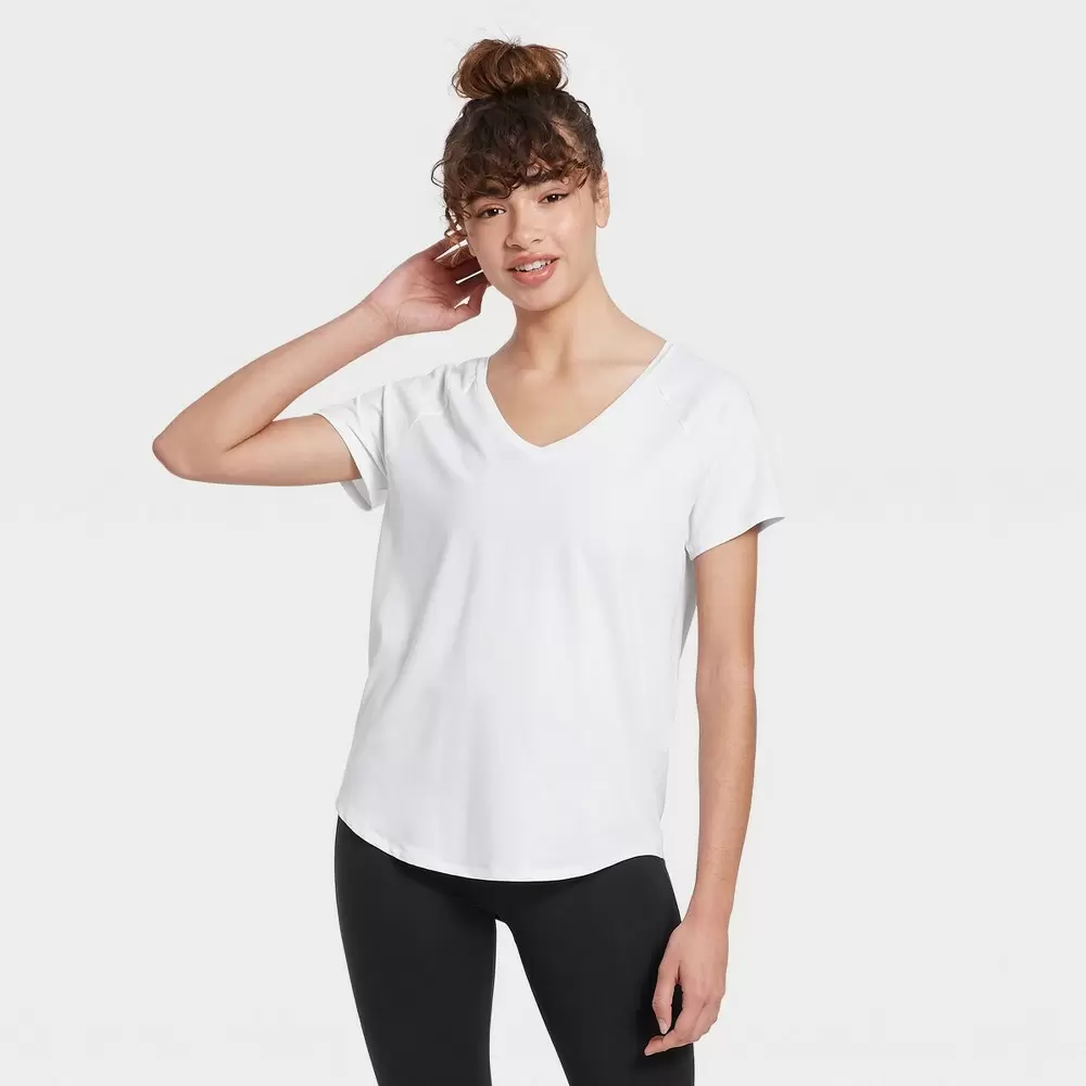 Women's Essential V-Neck Short Sleeve T-Shirt - All in Motion White L -  Miazone