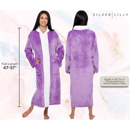 Silver Lilly Womens Sherpa Trim Fleece Robe Zip Up - Luxury Long House Coat (Lavender, Large-X-Large)