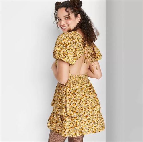Women's Short Sleeve Open Back Tiered Skater Dress - Wild Fable Mustard Floral M