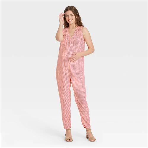 The Nines by HATCH Sleeveless Crepe Button-Front Maternity Jumpsuit Pink Polka Dot L