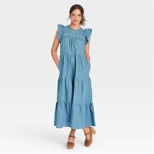 Women's Flutter Short Sleeve Tiered Dress - Universal Thread Blue XS