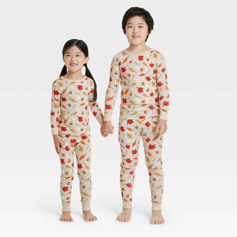 Toddler Fall Leaf Print Matching Family Pajama Set - Oatmeal 2T, Black/Red/White
