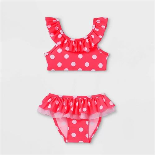 Toddler Girls' 2pc Polka Dot Ruffle Bikini Set - Cat & Jack Neon Pink 18M