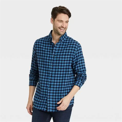 Men's Standard Fit Plaid Lightweight Flannel Long Sleeve Button-Down Shirt - Goodfellow & Co Blue M