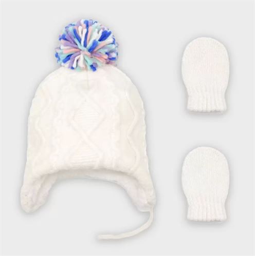 Baby Girls' Cable Knit Hat and Magic Mittens Set - Cat & Jack Cream 6-12M, Ivory