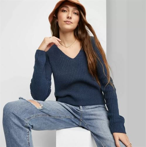 Women's V-Neck Ribbed Pullover Sweater - Wild Fable Navy M, Blue