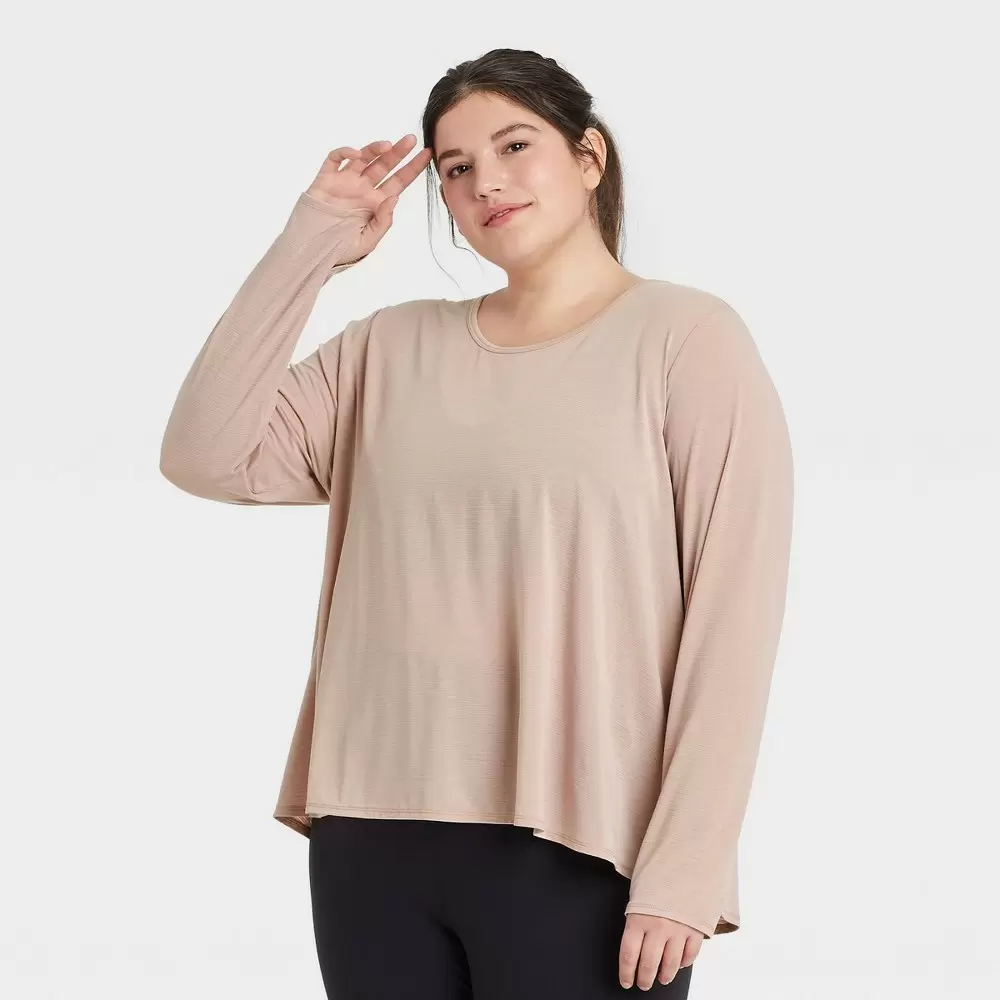 Women's Plus Size Long Sleeve Keyhole Back T-Shirt - All in Motion Faded Rose 1X