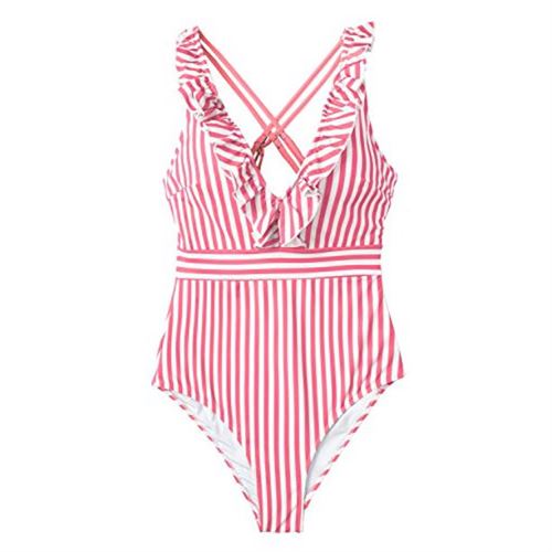 CUPSHE Women's Pink Stripe Ruffled One Piece Swimsuit