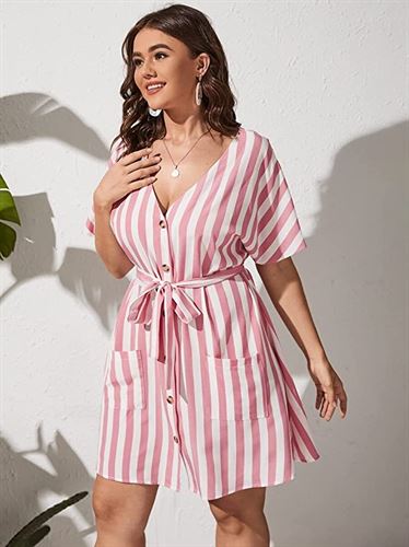 GBFHGTG Striped Button Front Dual Pockets Belted Dress