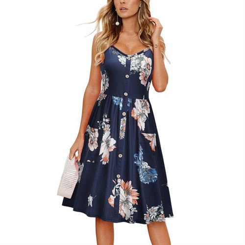 KILIG Women's Floral Dress Spaghetti Strap Button Down Sundress with Pockets