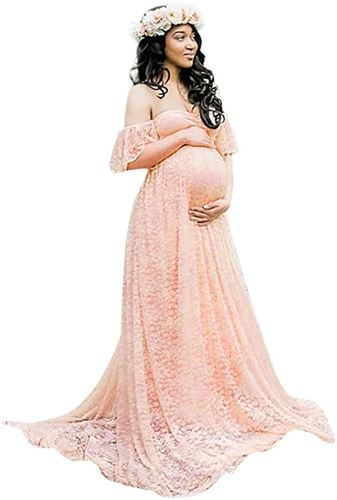 Maternity Women Off Shoulder Maxi Formal Dress Elegant Ball Gown for Photography Lace Ruffle Long Dress