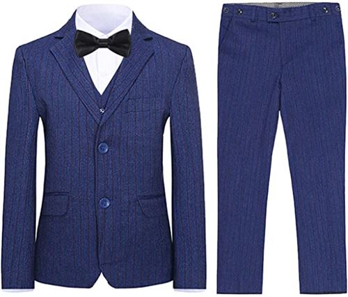 SWOTGdoby Boys Plaid Formal Suit Set 3 Pieces Blazer Vest Pants Single-Breasted Jacket for Wedding Party Blue