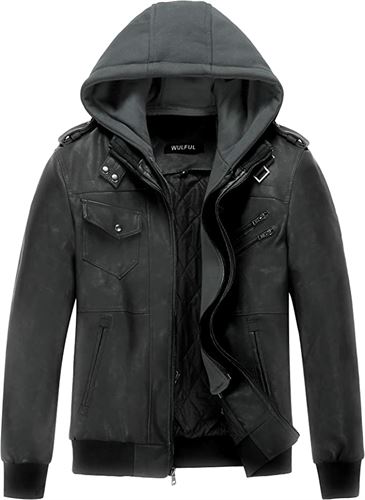 WULFUL Men's Vintage Motorcycle Faux Leather Jacket Outwear Winter Jackets with Removable Hood