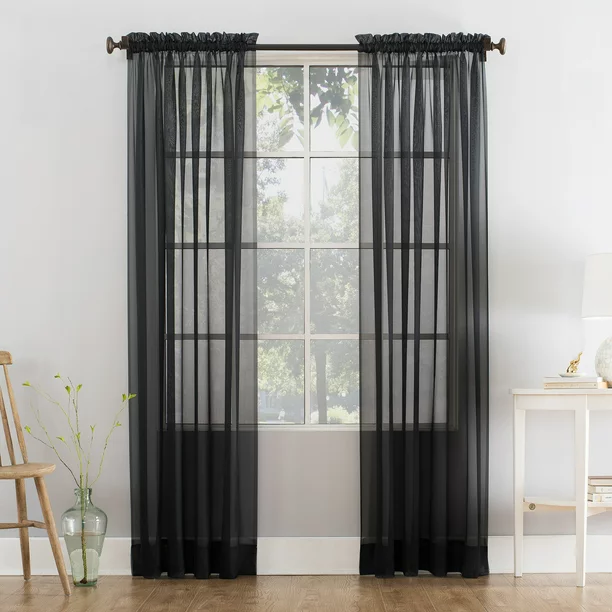 Mainstays Marjorie Sheer Voile Curtain, Single Panel, 149 wx160 l cm, Black