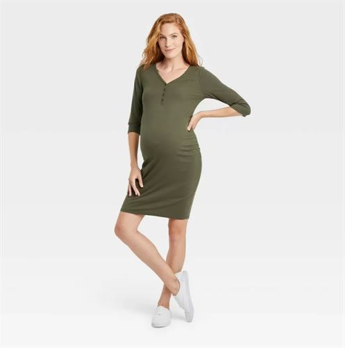 3/4 Sleeve Ribbed Maternity Dress - Isabel Maternity by Ingrid & Isabel  Green M - Miazone