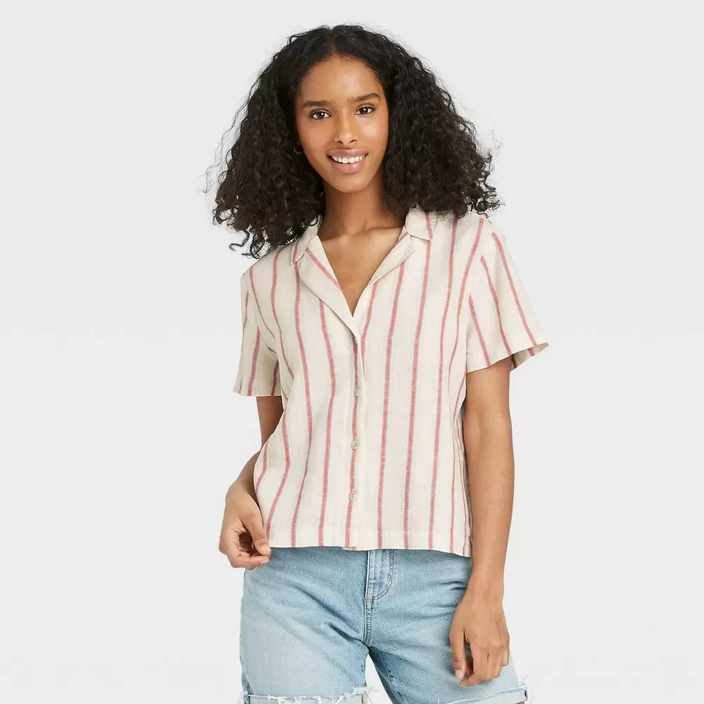 Women's Striped Short Sleeve Button-Down Shirt - Universal Thread Red XL -  Miazone