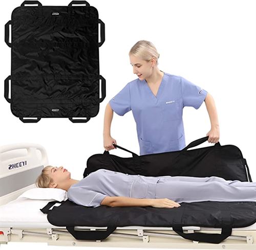 ZHEEYI Bed Positioning Pad with Reinforced Handles 48" x 40" Lifting Turning Patient Sheet Transfer Blanket for Caregiver, Bedridden, Elderly, Black