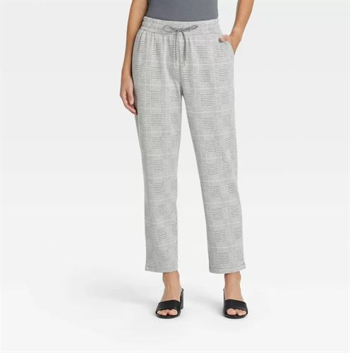 Women's Plaid High-Rise Knit Drawstring Ankle Pull-On Pants - A New Day Light Gray M