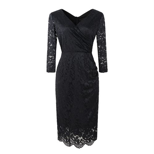 Winter Fashion Women V-Neck Solid Vintage Elegant Midi Evening Dress 3/4 Sleeves Dress